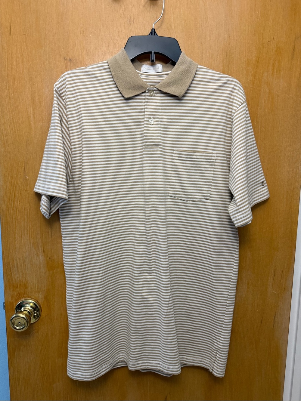 Men's Short Sleeve Striped Polo in Beige and White